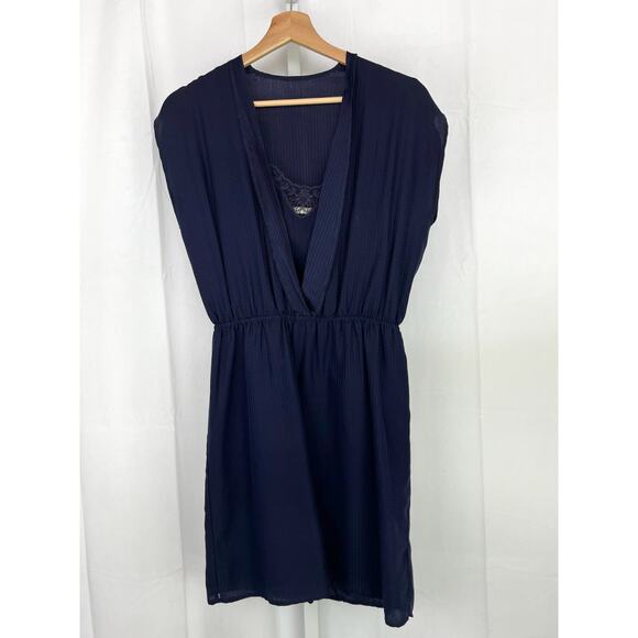SESSUN Victorian Queen Silk Mini Dress Cap Sleeve Blouson Navy Blue Size XS - Picture 12 of 12